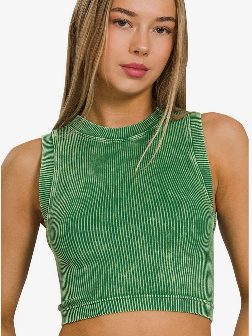 NWT Zenana Acid Wash Ribbed Cropped Tank Top | Dark Green | Size L/XL
